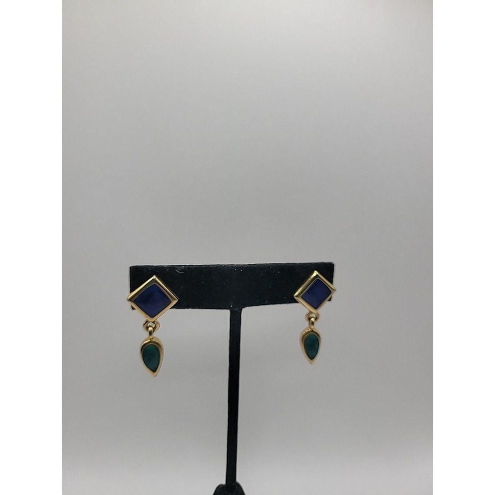 Vintage Gold Tone Blue Enamel Drop Earrings Pierced‎ Minimalist Jewelry
